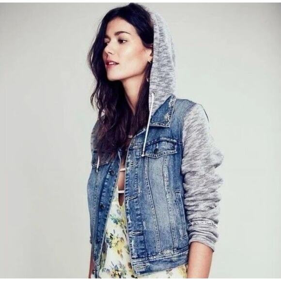 Free People Distressed Jean Jacket and Knit Hoodie Indie Wash size Small - Picture 1 of 9